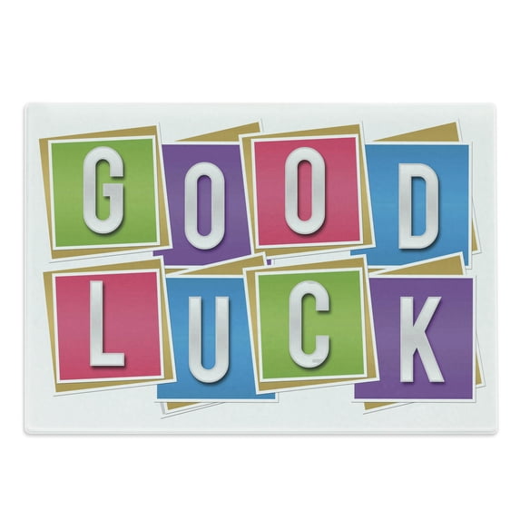 Going Away Party Cutting Board, Colorful Vibrant Blocks with Letters Saying Luck Modern Art Print, Decorative Tempered Glass Cutting and Serving Board, Large Size, Multicolor, by Ambesonne