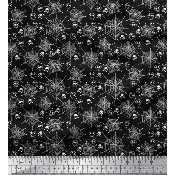 Soimoi Crepe Silk Fabric Spider Web,Crossbone & Skull Halloween Fabric Prints by Yard 42 Inch Wide