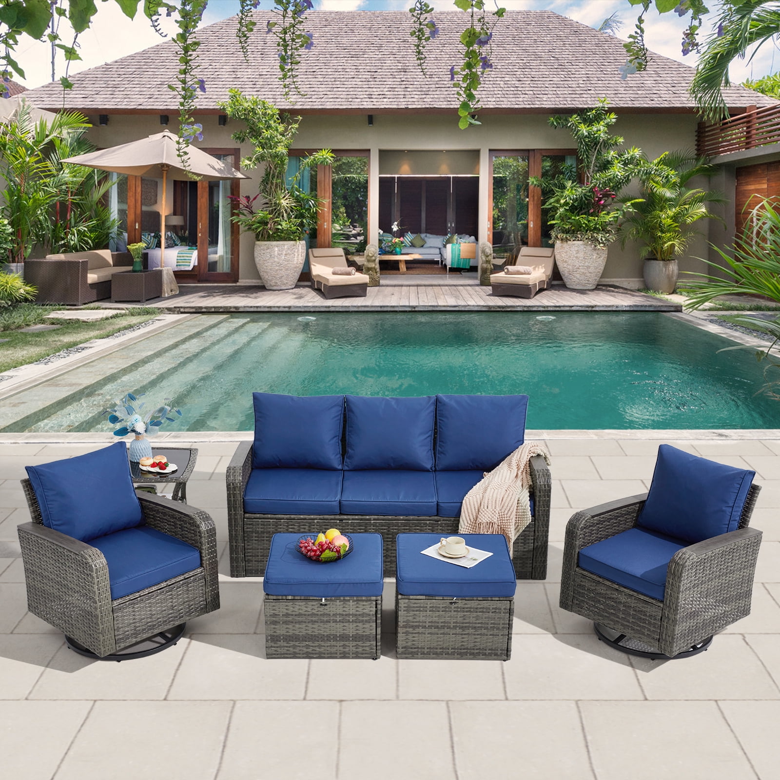 6 Pieces Wicker Patio Furniture Sets, Outdoor Conversation Set PE Rattan Sectional Sofa Couch with Swivel chairs Ideal for Indoor Porch Deck Bistro Lawn Garden Backyard Poolside-Blue