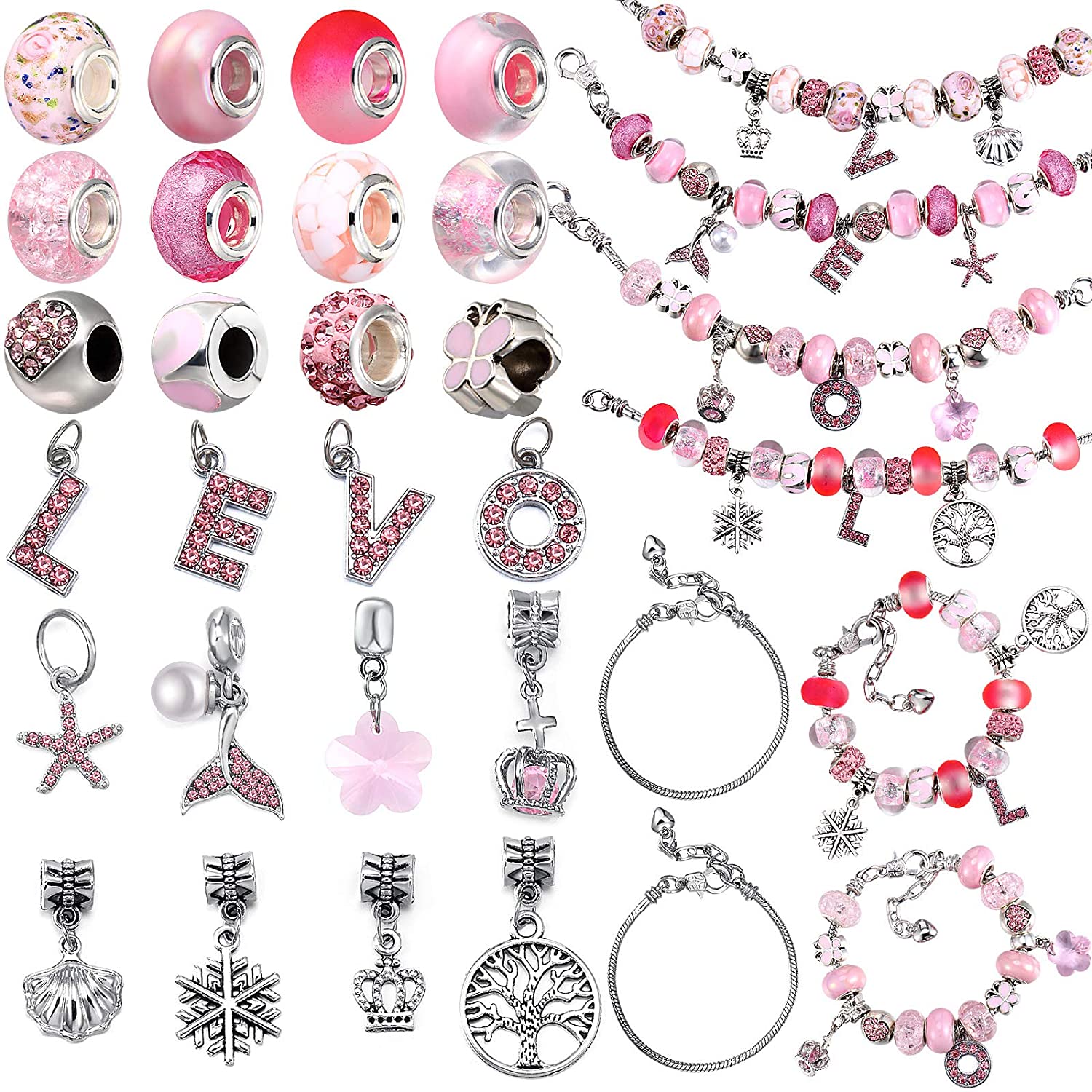 65 Pieces Charm Bracelet Kit, Assorted Pink Large Hole Glass Beads, Jewelry Pendant, Snake Bracelet Chain - image 1 of 7