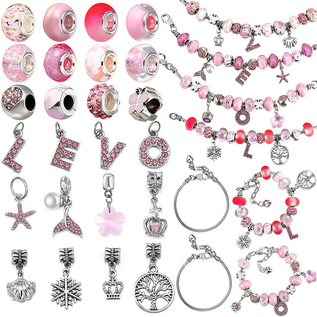 65 Pieces Charm Bracelet Kit, Assorted Pink Large Hole Glass Beads, Jewelry Pendant, Snake Bracelet Chain