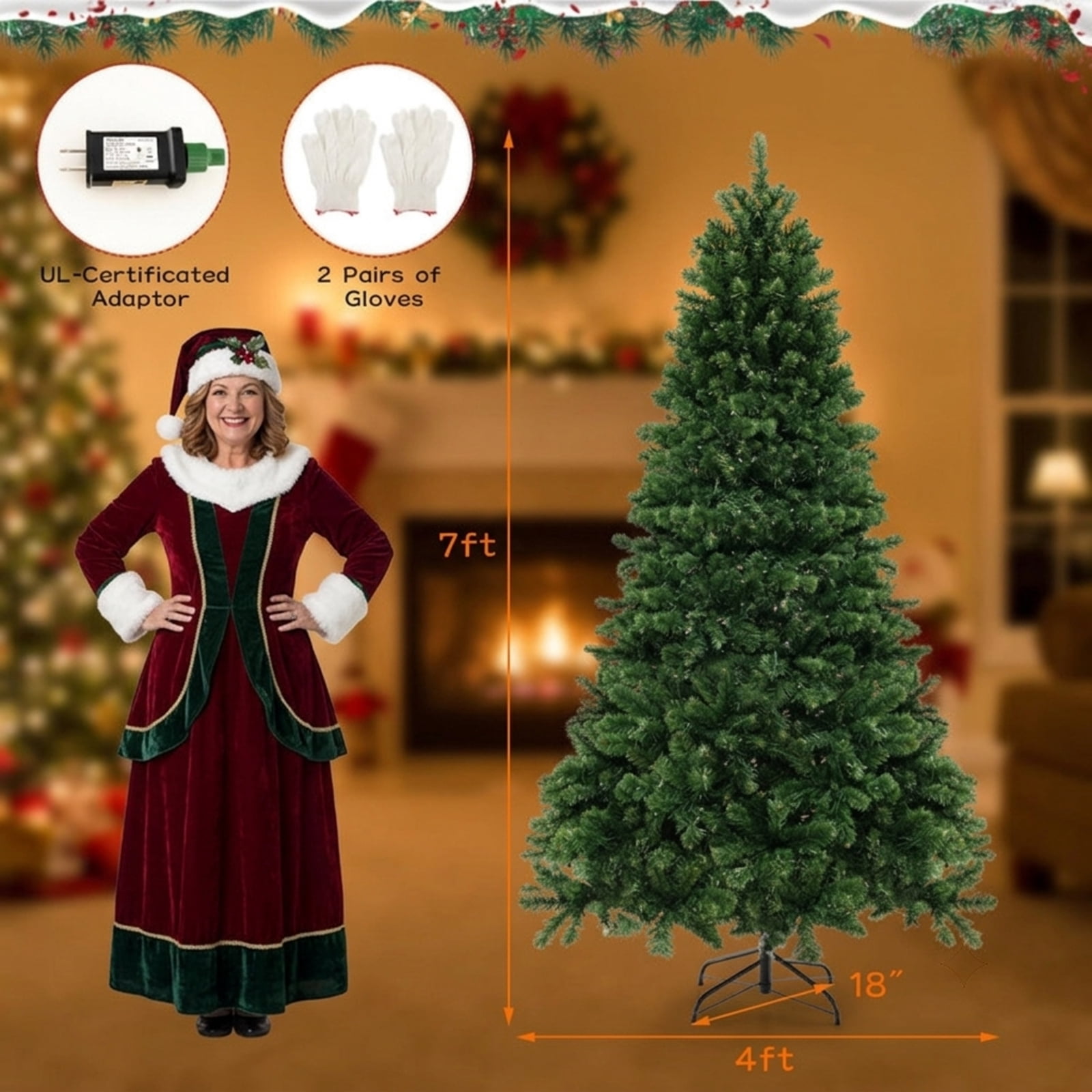 RUIE 7 ft Hinged Christmas Tree, Pre-Lit Green Artificial Xmas Tree with 700 LED Lights, 1188 Branch Tips and Foldable Metal Stand