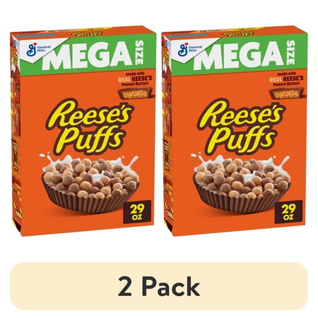 (2 pack) REESE'S PUFFS Breakfast Cereal, Chocolatey Peanut Butter Cereal, Mega Size, 29 oz