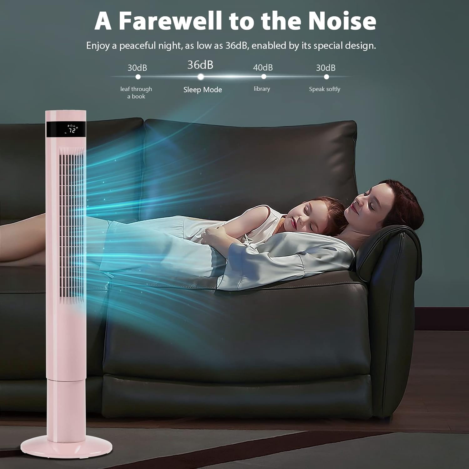 WAA 43" Pink Tower Fan Standing Oscillation Fan with Remote,3 Wind Modes,Time Settings,LED Display for Office