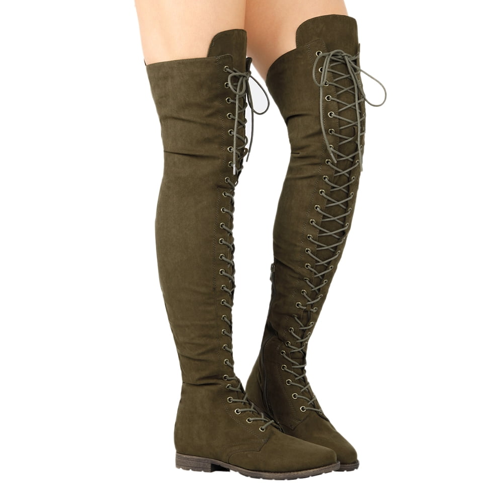 DYMADE - DYMADE Women's Chunky Heel Tied up Side Zip Suede Knee High Boots - Walmart.com 