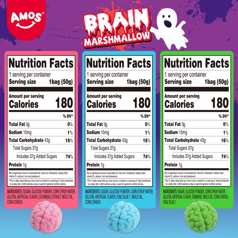 Amos Halloween Gummy Brain Marshallow, Mixed Fruit, 3 Pieces, 5.29