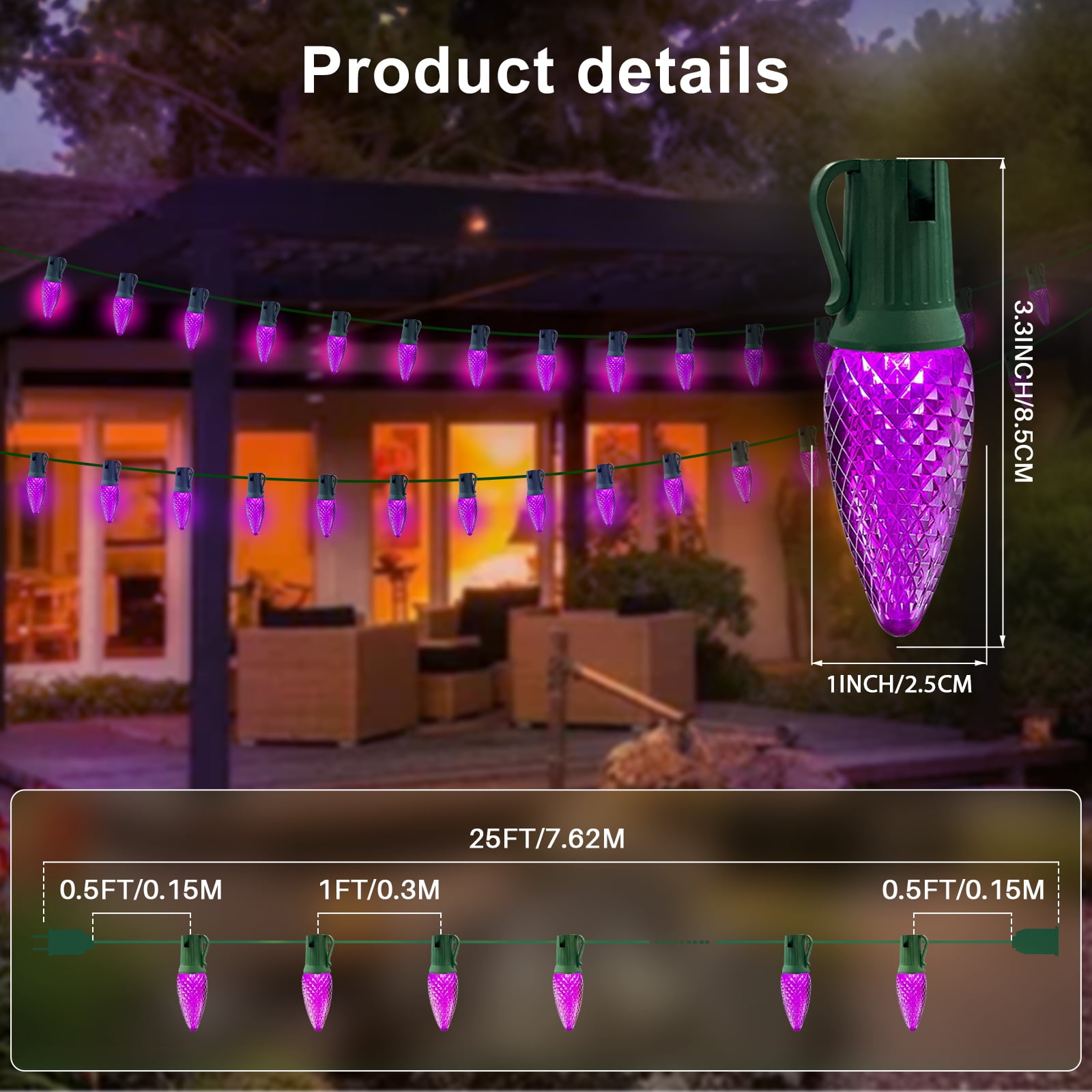 LAMPHOME Purple C9 Christmas String Light Outdoor, 25FT Shatterproof LED for House Rooflines & Pathways, Connectable Waterproof Vintage Christmas Light for Tree, Yard, Patio, Porch, Garden