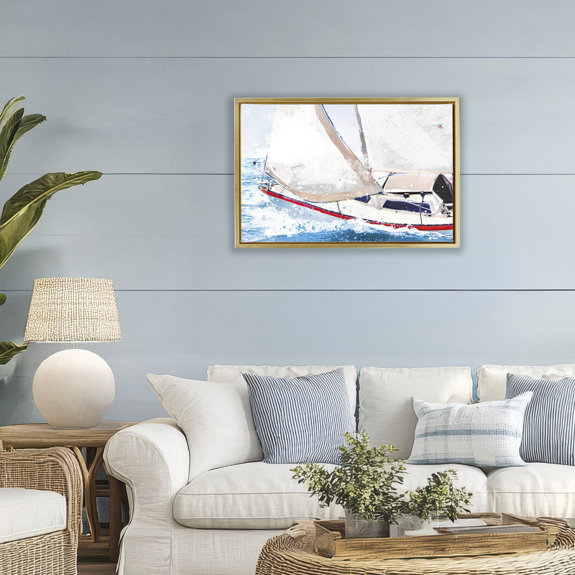 Stupell Industries Sailboat Racing Through Blue Waves Gold Framed Floater Canvas Wall Art, design by Porter Hastings