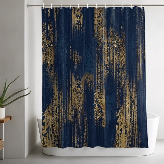 Navy Blue Gold Stripe Bathroom Shower Curtain, Modern Minimalist Abstract Flowers Leaf Lines Waterproof Washable Soft Bath Curtain for Bathtub Decor with 12 Hooks&Grommet, 48x72in
