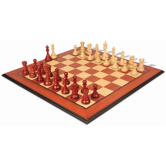 British Staunton Chess Set Padauk & Boxwood Pieces with Padauk & Bird's Eye Maple Molded Edge Board- 4" King