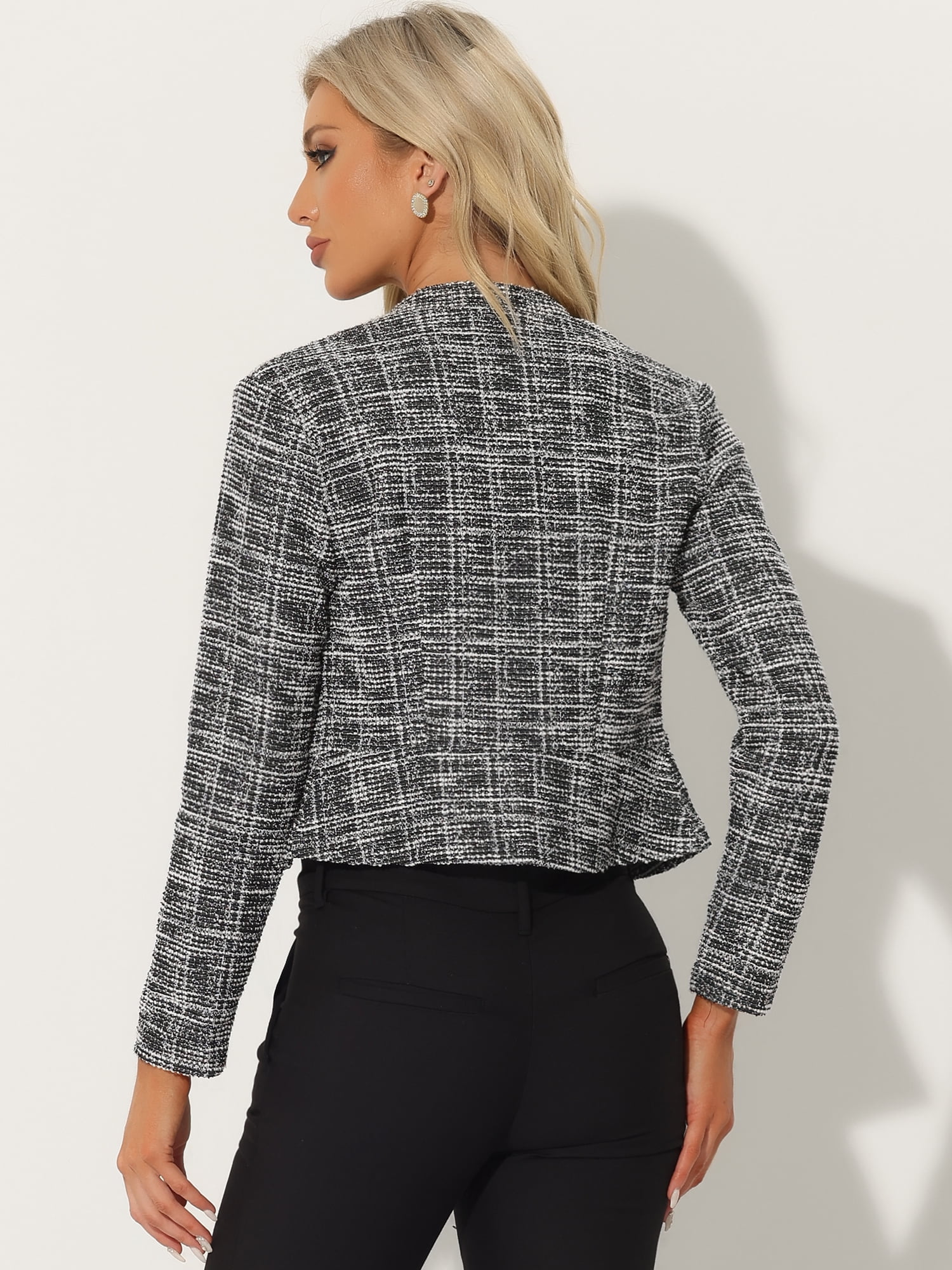 DARING DIVA Women's Elegant Stand Collar Business Plaid Tweed Blazer M Black