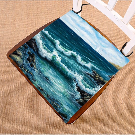 PHFZK Ocean Chair Pad, Oil Painting Sea Wave and Ship Boat Seat Cushion Chair Cushion Floor Cushion Two Sides Size 16x16 inches