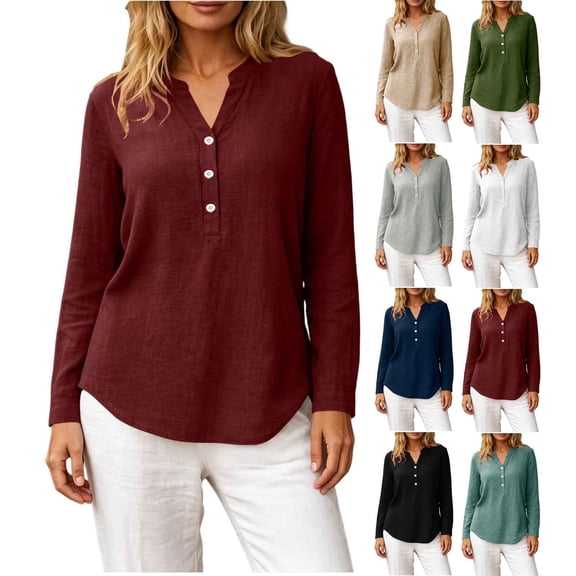 VBVC Women's Cotton-Linen Henley Blouse , Ladies' Lightweight V-Neck Tunic Top , Long Sleeve Work Office Shirts For Women,Army Green,S-2XL