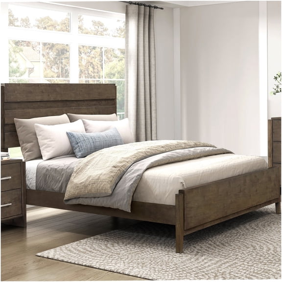 King Size Bed Frame with Solid Wood Headboard, Dark Walnut Platform Bed for Modern Bedrooms, Panel Design, Underbed Storage Space, No Box Spring Needed