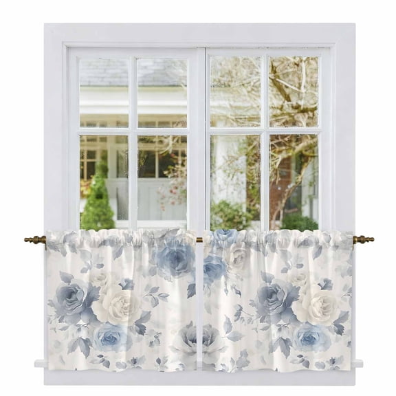 Blue White Floral Tier Curtains, Botanical Garden Flowers Leaves Light Filtering Kitchen Curtains, 2Pcs Rod Pocket Half Window Treatments Panels for Sink Cafe Cabinet Camper 27.5x24 Inches