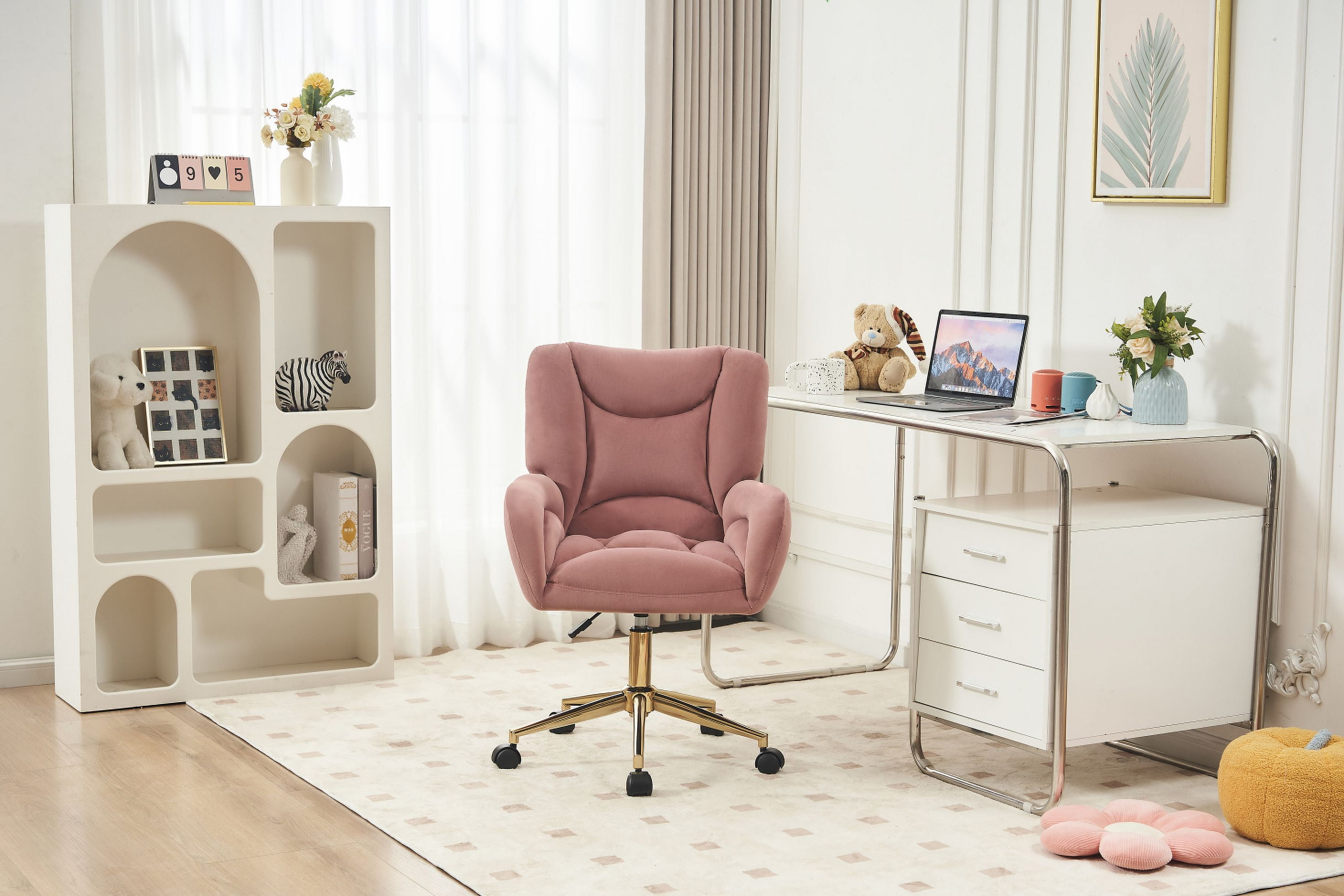 Velvet Office Desk Chair with Gold Metal Base, 360 Degree Swivel Upholstered Vanity Chairs with Arms, Modern Swivel Rolling Chair for Living Room Bedroom, Pink