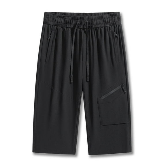 Under $10 Mens Athletic Capris Pants Workout Gym Performance Track Capri Cool Elastic Waist Running Pants with Zipper Pockets