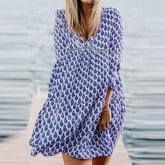 Women Dresses Plus Leisure Dresses Printed Loose V-neck Sexy Printed Long Sleeved Fashion Dresses Blue Trendy Skirt Size L