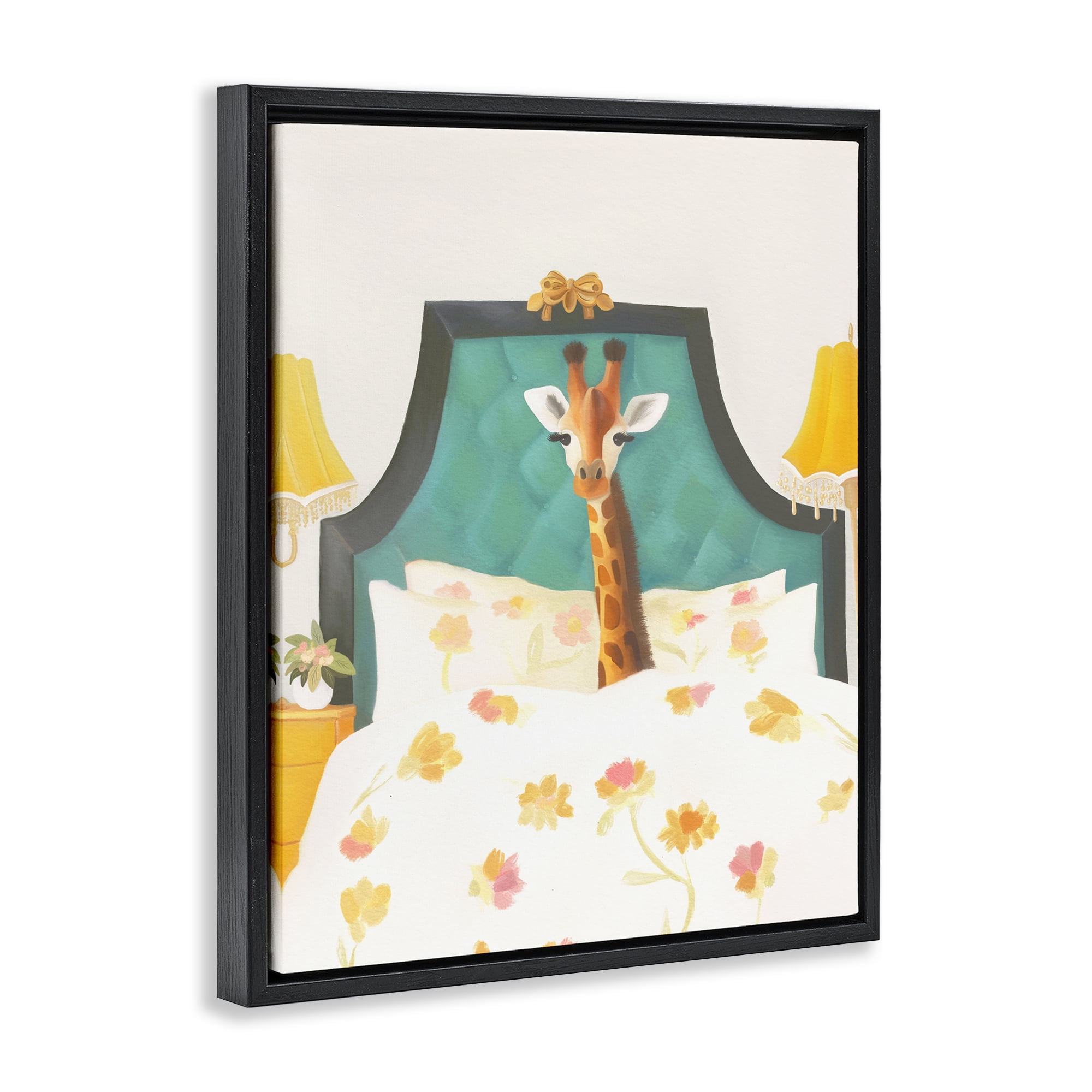 Good Morning Giraffe in Bed Black Framed Floater Canvas Wall Art, design by Leah Straatsma