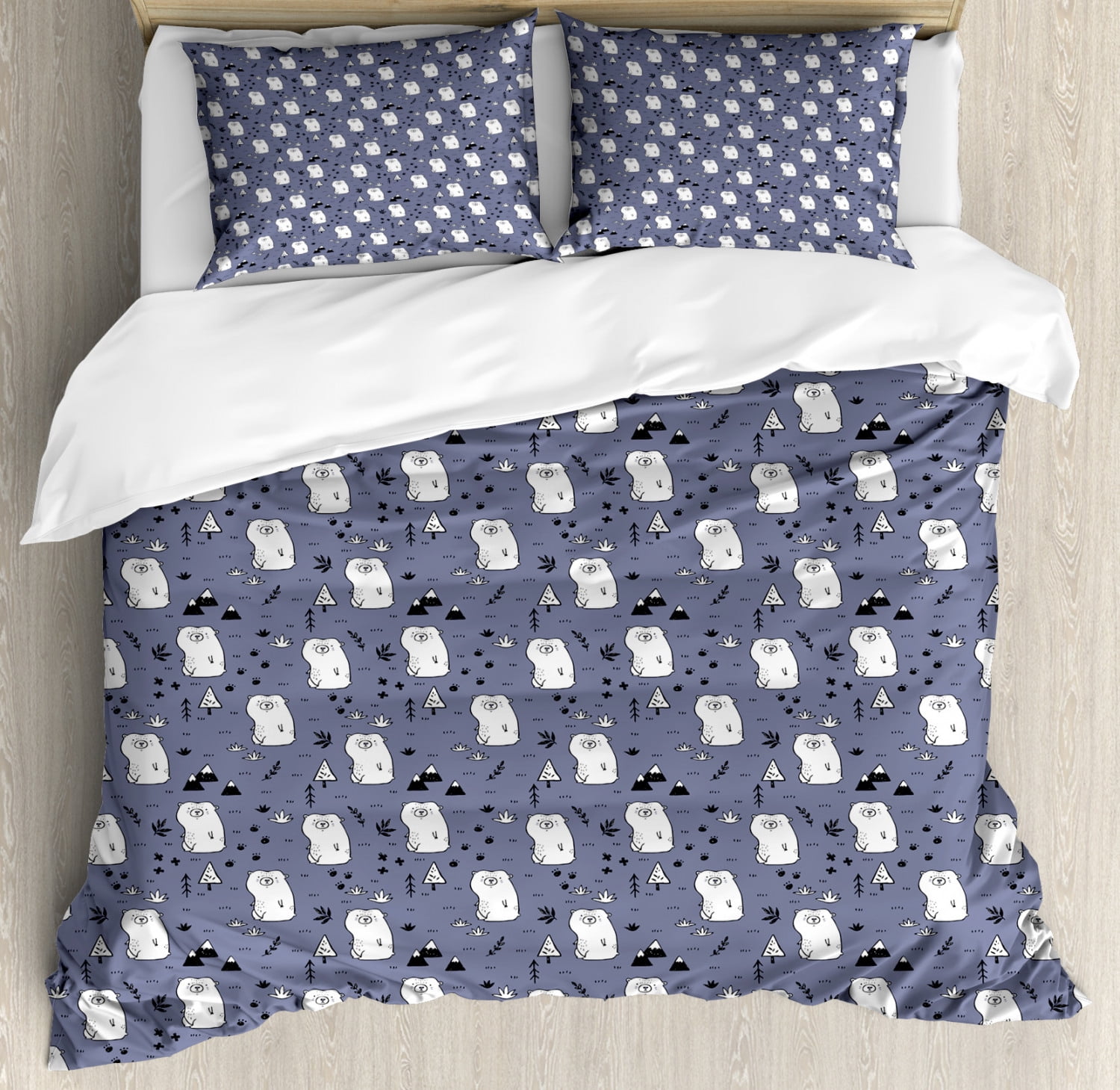 Polar Bear Duvet Cover Set Queen Size, Bears with Mountains Foliage and Trees Cartoonish