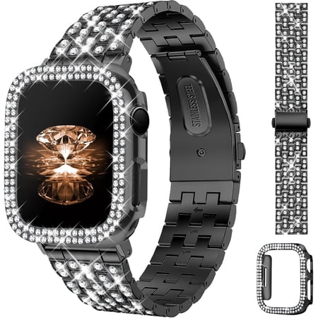 REQO Bands with Bling Case Women Compatible with Apple Watch 40mm 38mm 41mm 44mm 45mm 42mm 46mm 49mm Luxury Metal Bracelet Replacement Strap for iWatch Series 11/10/9/8/7/6/5/4 SE/Ultra 3/2/1