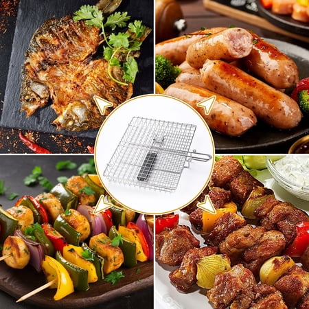 XUEYU FISH GRILLING BASKET, FOLDING PORTABLE BBQ GRILL BASKET FOR FISH VEGETABLES SHRIMP WITH REMOVABLE HANDLE, GRILL BASKET FOR OUTDOOR GRILL，COME WITH BASTING BRUSH AND GLOVES，BARBECUE CLIP