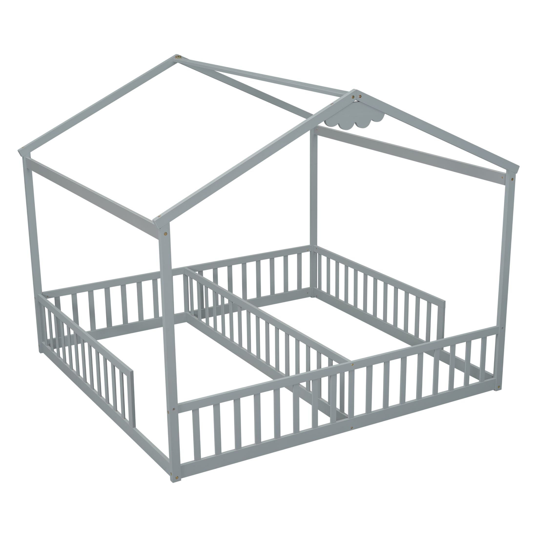 Aukfa Double Twin Bed Frame for 2 Kids Toddlers, Two House Bed with Fence, Two Shared Beds, Gray