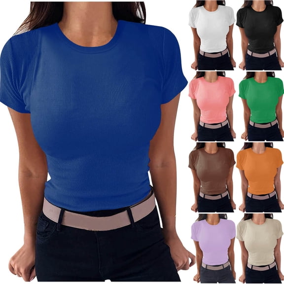 Summer Savings!YANHAIGONG Women's Casual Slim Fit Basic Crop Tops,Activewear T Shirts Womens Solid Color Short Sleeve Crew Neck Pullover Tight Tee Shirts Streetwear Y2k Slim Tight Fit Going Out Tops