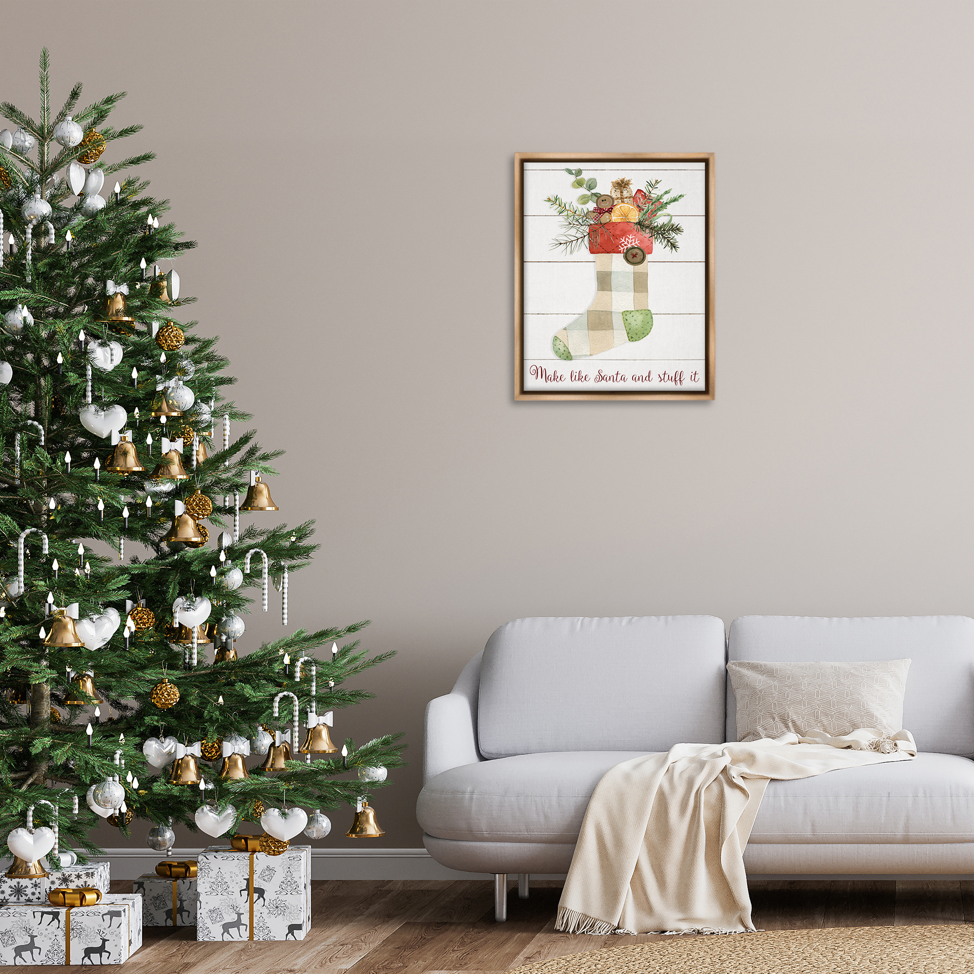 Stupell Industries Plaid Christmas Stocking Holiday Painting Brown Floater Framed Canvas Art Prints Wall Art, 25 x 31