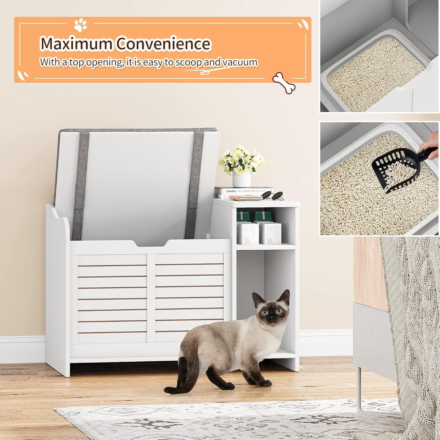 FOLDLIFE Cat Litter Box Enclosure with Top Opening and Cushion, Hidden Cat Litter Box Furniture, Cat Litter Box Cabinet, Cat House, Privacy Wooden Pet Cat Toilet for Kitten,White
