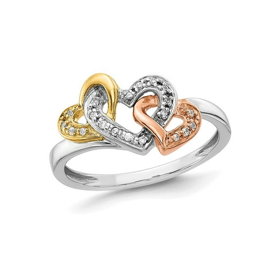 1/12 Carat (Ctw) Accent Diamond Triple Heart Ring in 14K White, Rose and Yellow Gold for Women