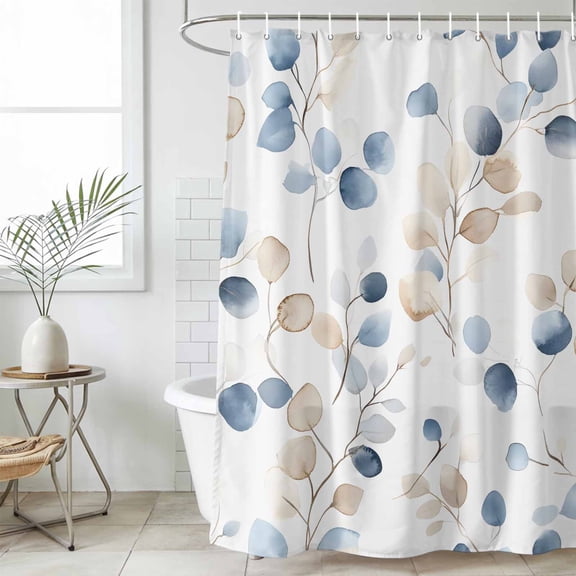 Blue Brown Botanical Long Shower Curtain Set, Waterproof Shower Curtains for Bathroom, Summer Leaves Watercolor Elegant Washable Fabric Cloth Bath Curtain for Bathtub with Hooks 72x84 Inches