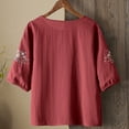 thumbnail image 4 of larppty Linen Shirts for Women Button V Neck Crewneck 3/4 Sleeve Loose Floral Solid Color Spring Casual Summer Tops（Red， XXL）, 4 of 9