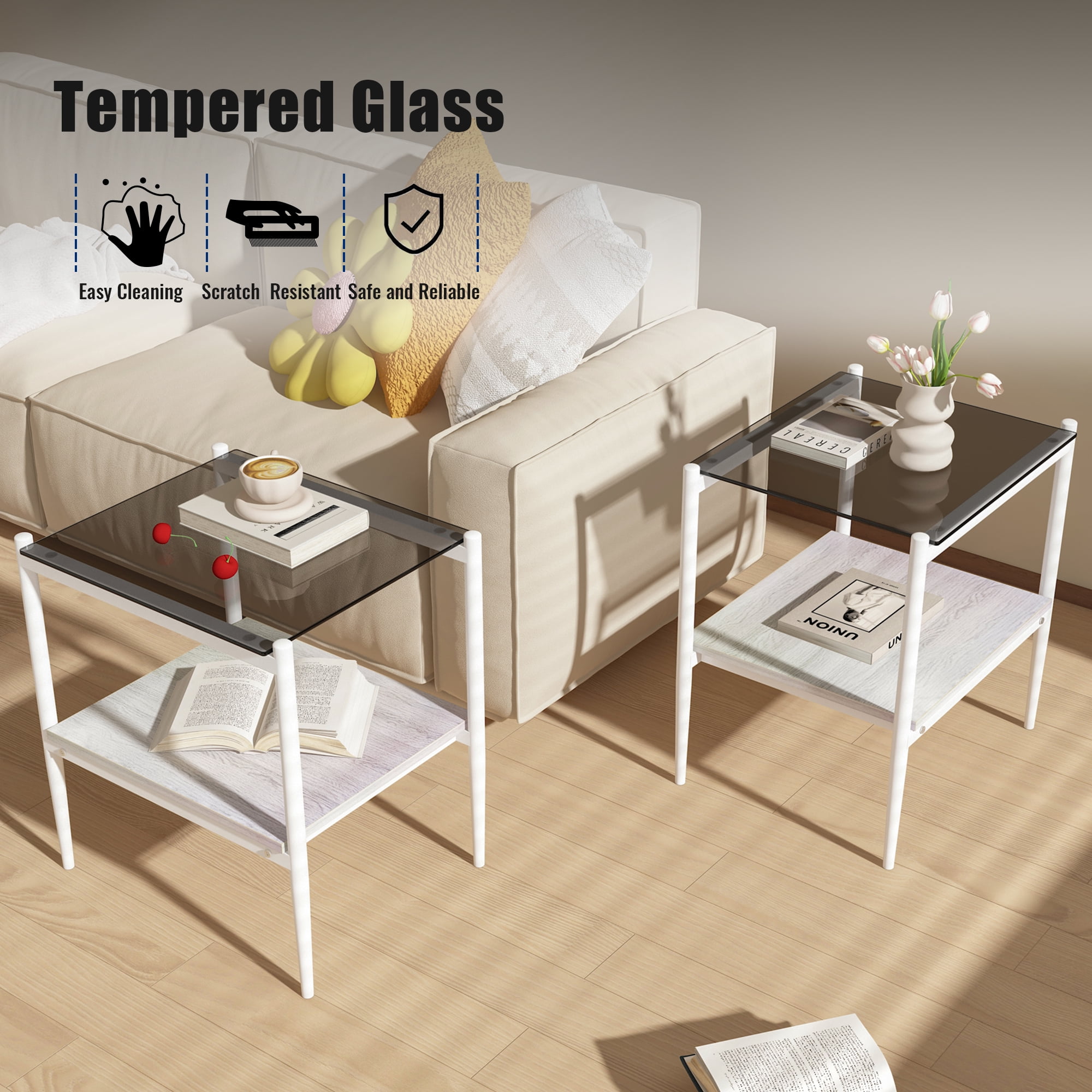 Set of 2 Modern Gray Glass Rectangle End Tables, Tempered Glass Top with MDF Storage Shelf & Iron Legs for Living Room Bedroom