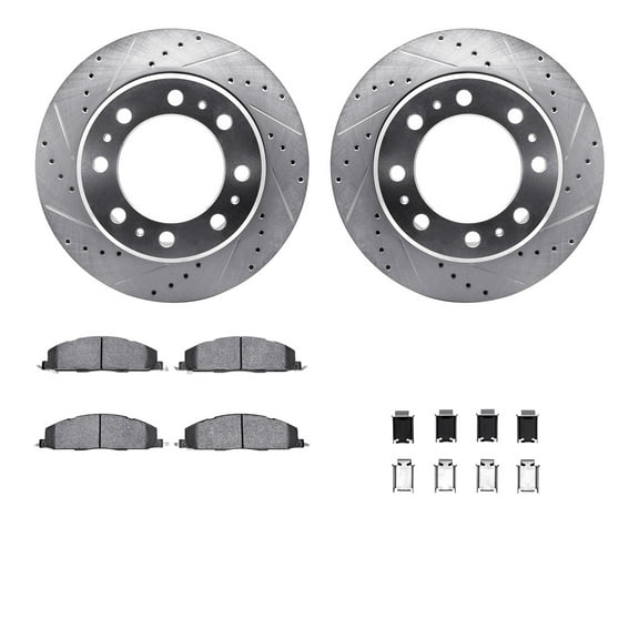 Dynamic Friction Company Rear Brake Rotors-Drilled and Slotted-Silver with Ultimate Duty Performance Brake Pads includes Hardware 7412-40024