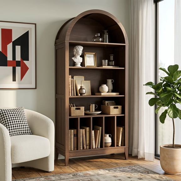 Joywind 69" 5-Tier Wood Arched Bookcase with Power Outlets, Modern Farmhouse Bookshelf for Living Room, Brown