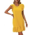 thumbnail image 2 of Summer Dresses for Women Round Neck Cap Sleeve Ruffle Hem Casual Smock Mini Dress Yellow M, 2 of 7