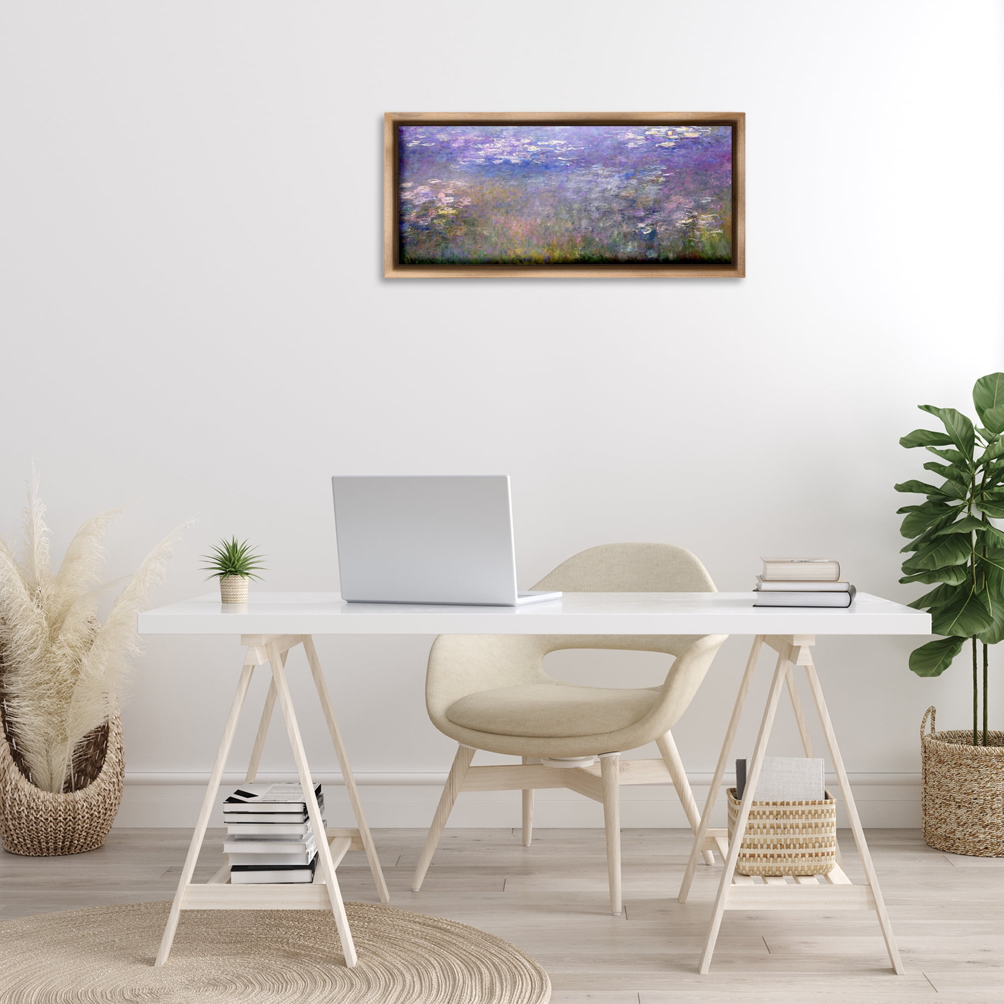 Stupell Industries Classic Monet Pond Lilies Landscape & Nature Painting Brown Floater Framed Canvas Art Print Wall Art, 31 x 14