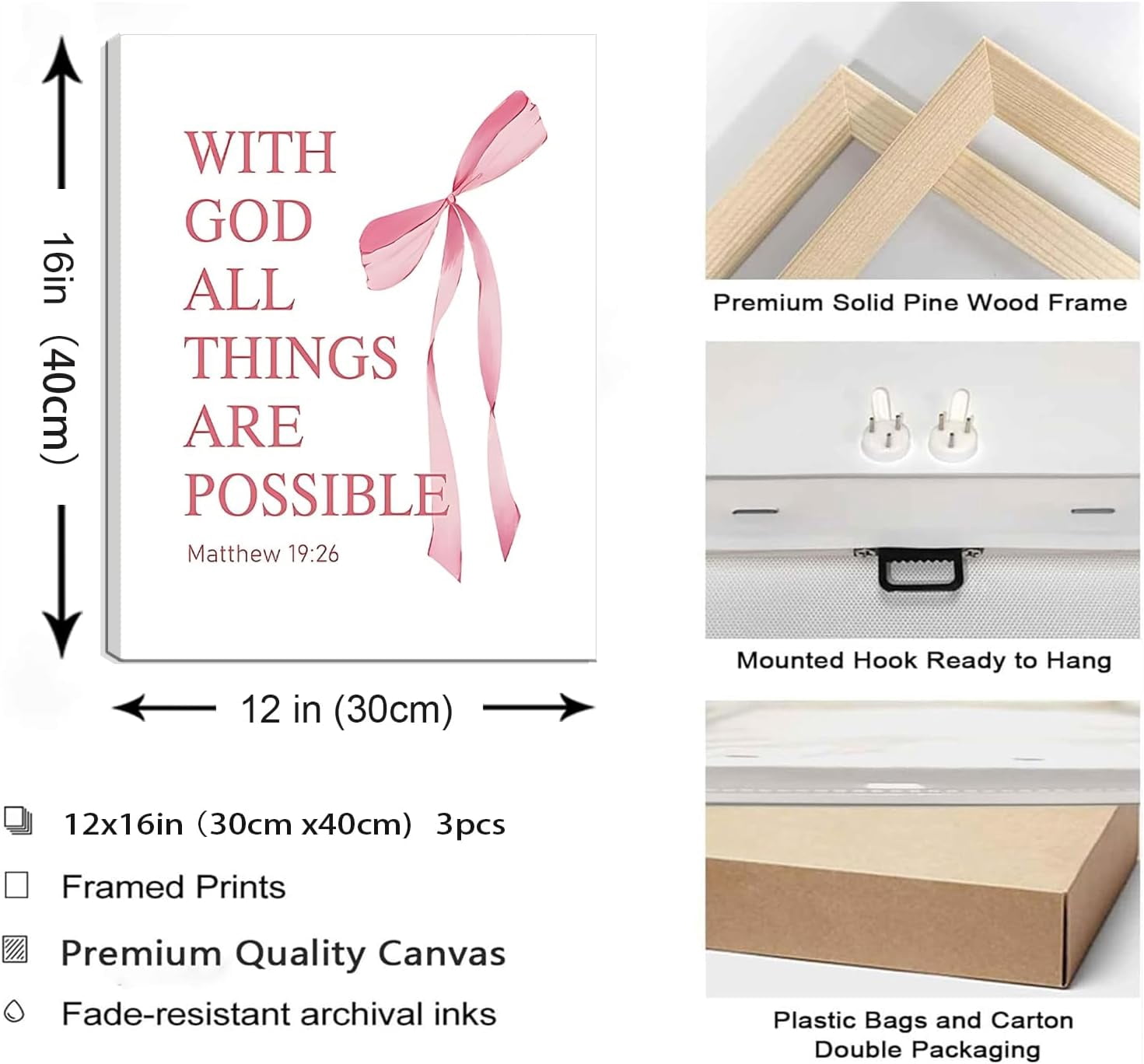 Coquette Pink Bow Canvas Wall Art Set of 3, Inspirational Bible Verses Decor Posters Pictures Prints Aesthetic for Girls Room College Apartment Living Room Bedroom Framed 12x16 Inch