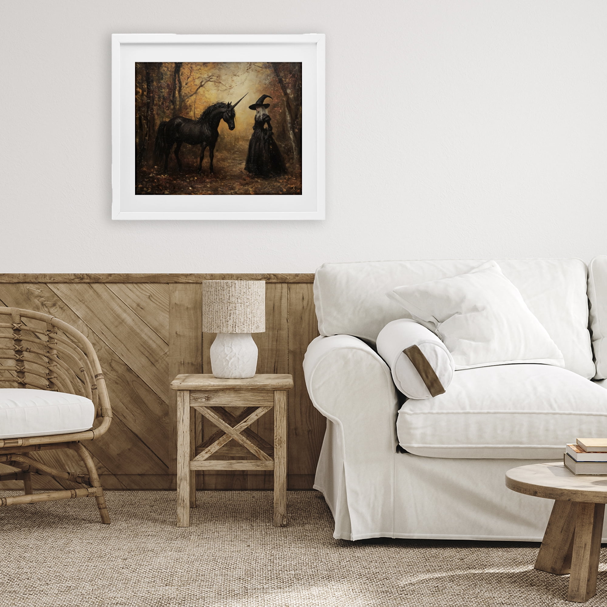 Witch & Black Unicorn White Framed Print Under Glass, design by Arlington Prints