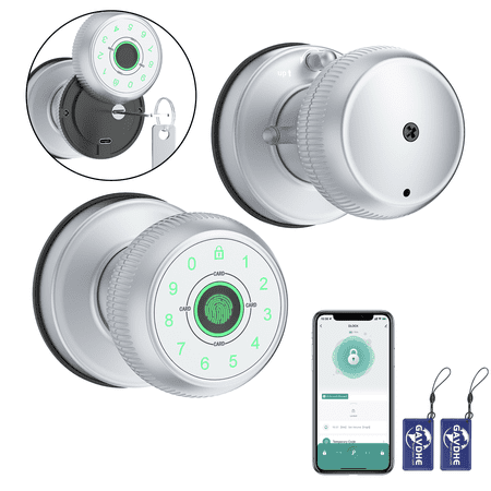 5-in-1 Smart Door Knob,Gavdhe Keyless Smart Door Lock Smart Deadbolt with App Control & Fingerprint & 2 Keys,Smart Fingerprint Door Knob, Keyless Entry for Home, Office, Garage & Apartment - Silver