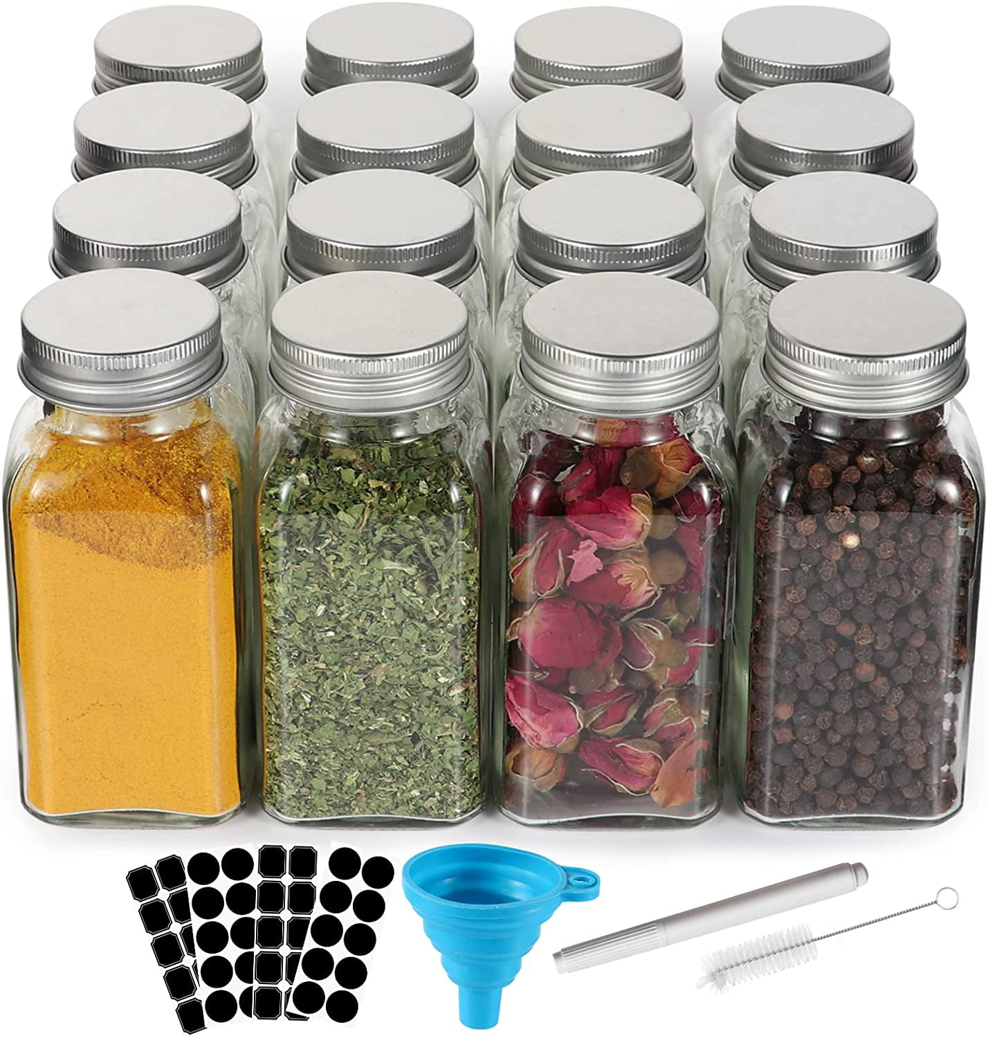 SWOMMOLY 30 Glass Spice Jars 6 oz Empty Square Spice Bottles with 703 Spice  Labels, Chalk Marker and Funnel Complete Set. 30 Spice Containers with