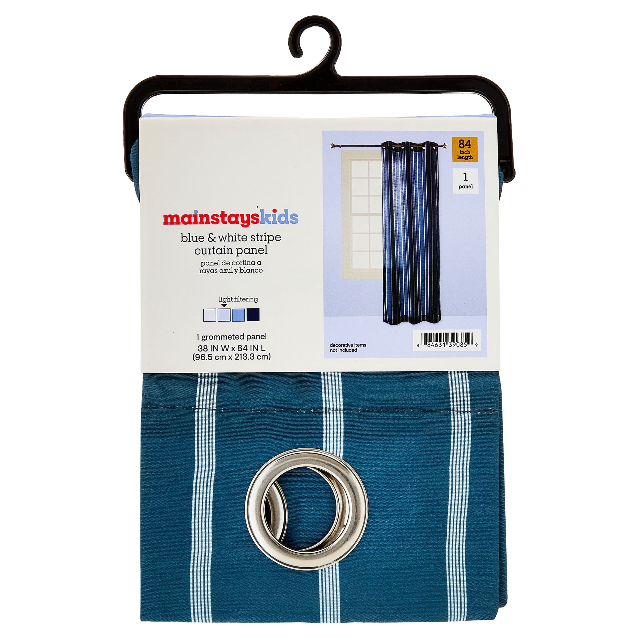 Mainstays Kids Blue and White Stripe Light-Filtering Grommet Single Curtain Panel, 38 in W x 84 in L