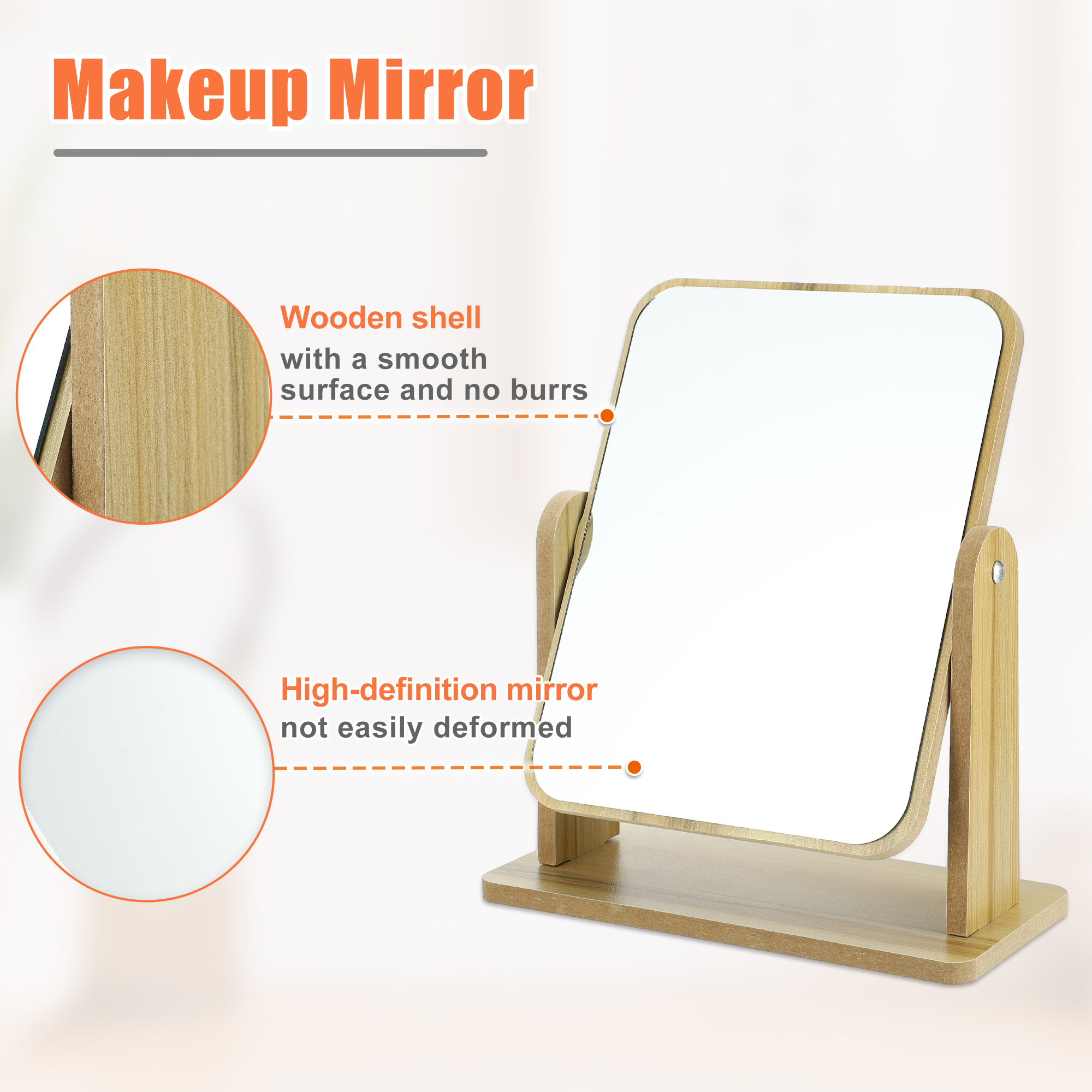 Unique Bargains Wooden Makeup Mirror 360 Rotating Desk Stand Beige 8.07"x3.94"x9.84"