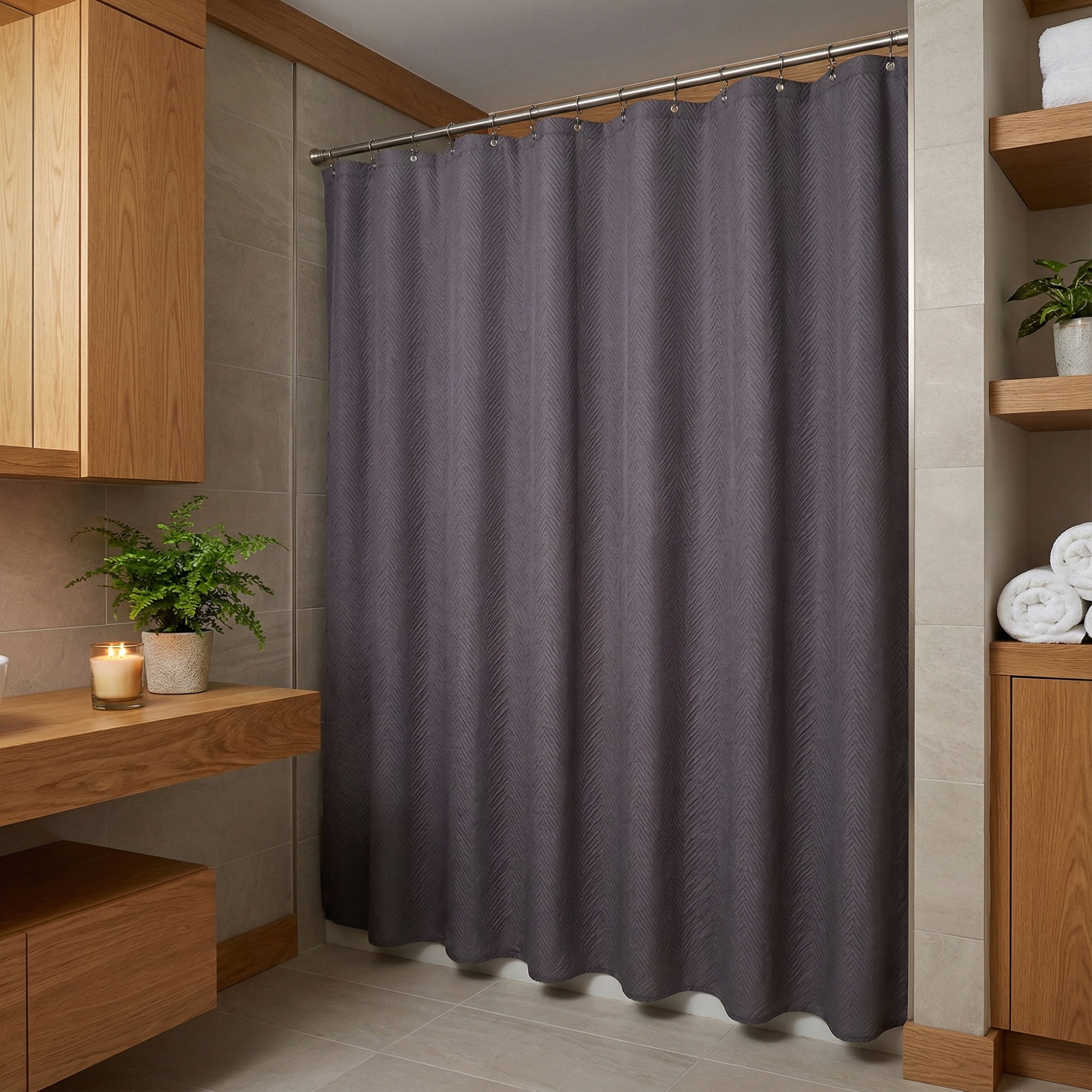 Unique Bargains Waterproof Fabric Shower Curtain Sets Grey - Herringbone 71"W x 71"L