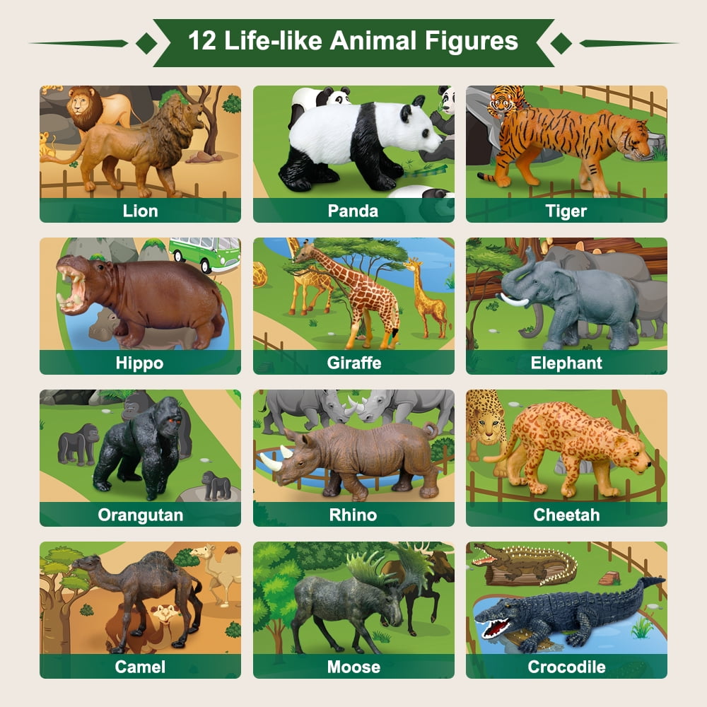 Mini Tudou 12 Pcs Safari Animals Figures Toys w/ 57x38.6'' Large Activity Play Mat, Realistic Jumbo Jungle Wild Toy Zoo Animal Figurines Playset w/ Elephant, Giraffe, Lion for Kids Boys Girls