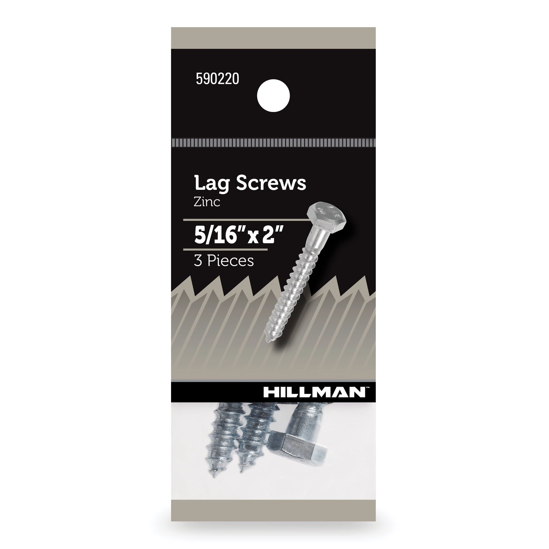 Hillman Lag Screws, 5/16" x 2", Zinc Plated, Steel, Pack of 3