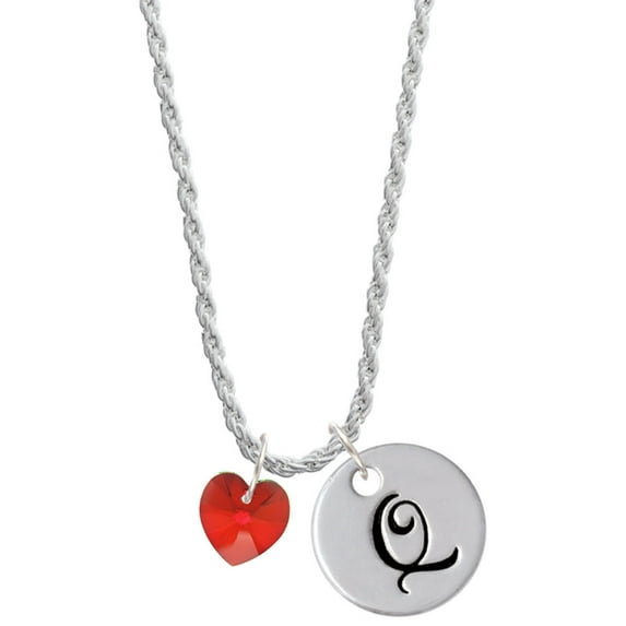 Delight Jewelry Red Crystal Heart Silvertone Script Initial Disc - Q - Charm Necklace, 20"+3"