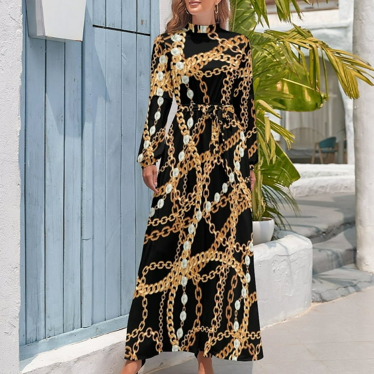 2024 Chain Print And Pearls Dress High Waist Gold Link Printed Bohemia Dresses Long Sleeve Casual Long Maxi Dress Sexy Clothes Walmart