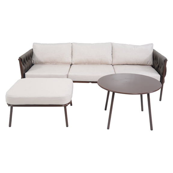Decksplore 3-Piece Patio Furniture Set with Ottoman & Coffee Table, 6.7" Thick Cushions, All-Weather, Beige